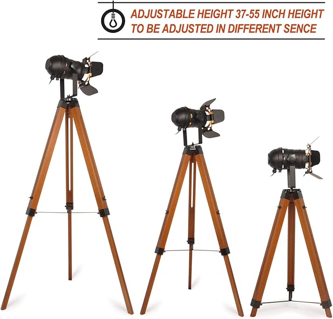 Industrial Floor Lamp for Living Room Tripod Wood Standing Tall Lighting Black Adjustable Cinema Metal Lampshade Studio Lights E26 Farmhouse Retro Floor Lamps for Bedroom Office Reading