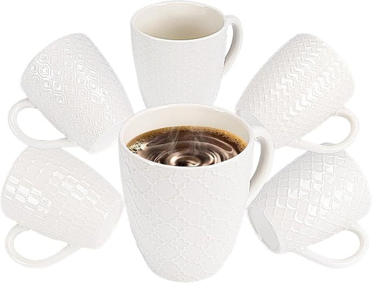 Hoikwo Cream White Coffee Mugs Set of 6, Ceramic Cup Set, 12 oz Artistic Drinkware for Coffee, Tea, and Beverages, Family Pack of 6 Unique Patterns, Microwave Safe and Dishwasher Safe
