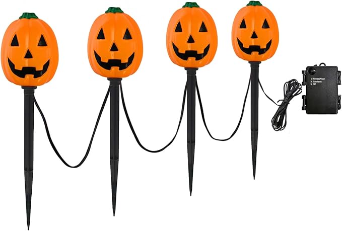 Halloween Pumpkin Pathway Lights Outdoor, Set of 4 Pre-lit Jack-O-Lanterns Pathway Markers Stake Battery Operated Waterproof for Path, Yard, Lawn, Garden, Landscape Halloween Party