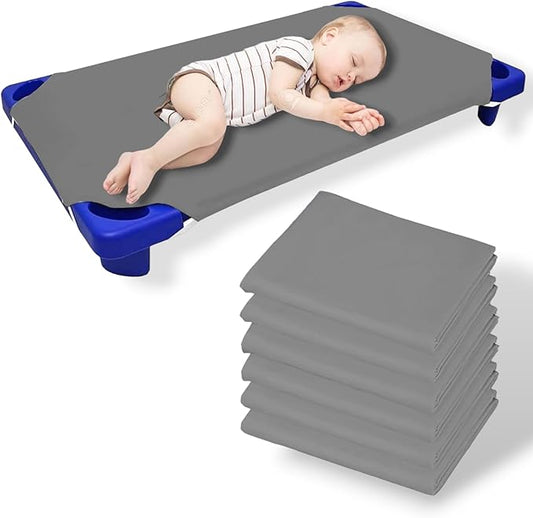 Pack of 6 Cot Sheet for Daycare Preschool Cot Bed -Polyblend Fabric with Corner Elastic Cots Sheets Fits On 22" X 52" Inches Size Toddler and Preschool Daycare Cot Light Grey 22 X 52 Size