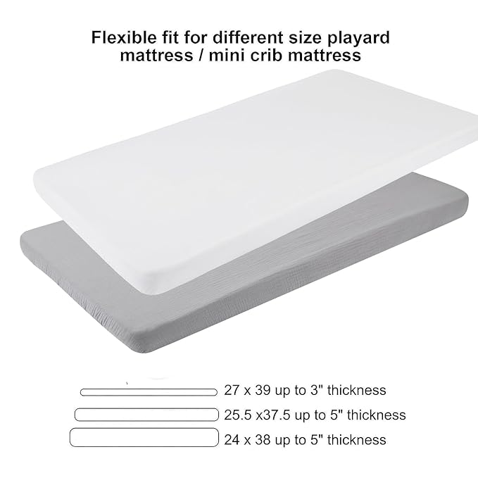 Muslin Pack n Play Sheets Soft Breathable 100% Cotton Mini Crib Fitted Sheets Portable/Convertible Playard Mattress Cover 2 Pack for Baby Boy and Girl, White and Grey