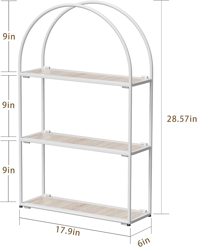 Crofy White Arched Frame Wall Shelf, Decorative 3 Tier Bathroom Wall Shelf with White Oak Finish Shelves and Robust Storage Capacity, 6" D x 17.9" W x 28.57" H