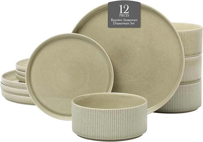 Gibson Elite Solana Coast 12 Piece Stoneware Reactive Glaze (Service for 4) Ceramic Plates and Bowls Modern Shape Embossed Dinnerware Set - Green