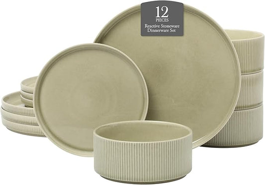 Gibson Elite Solana Coast 12 Piece Stoneware Reactive Glaze (Service for 4) Ceramic Plates and Bowls Modern Shape Embossed Dinnerware Set - Green