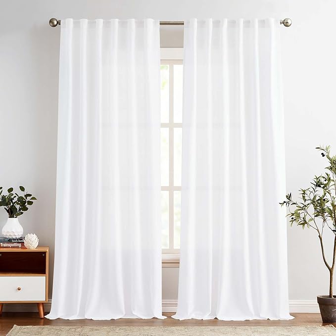 jinchan White Linen Blend Curtains for Living Room 108 Inch Length Extra Long 2 Panels Curtains for Sliding Glass Doors, 50 Inch Wide Drapes with Rod Pocket Back Tab(50W x 108L, White)