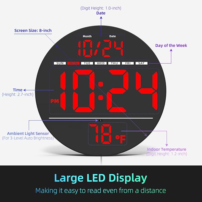 Digital Wall Clock with Large LED Display, Auto-Brightness, Temperature, Low-Reflectivity, Small Silent Non-Ticking Modern Electric Wall Clock for Bedroom, Living Room, Office, Classroom, Farmhouse