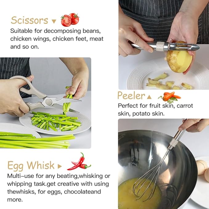 Kitchen Utensil Set-Silicone Cooking Utensils-33 Kitchen Gadgets & Spoons for Nonstick Cookware-Silicone and Stainless Steel Spatula Set-Best Kitchen Tools, Useful Pots (Khaki)