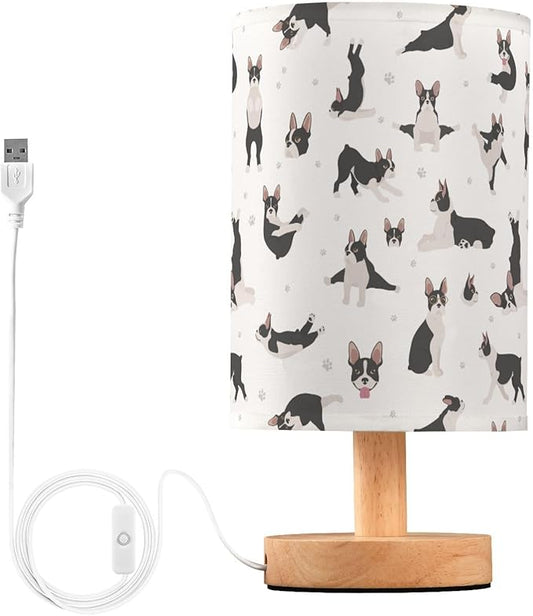 Table Lamp Boston Terrier Dog Do Yoga Pattern Nightstand Lamp with Wood Base Fabric Lamp Shade Bedside Desk Lamp for Living Room Bedroom Kids Room Office