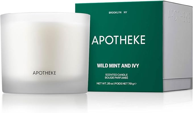 Apotheke 3-Wick Scented Candles for Home, Wild Mint & Ivy - 26 oz Long-Lasting Soy Wax Jar Candle, 120-140 Hours Burn Time - Notes of Cedarwood, Oakmoss, Patchouli, Hint of Wild Mint, Eucalyptus & Ivy