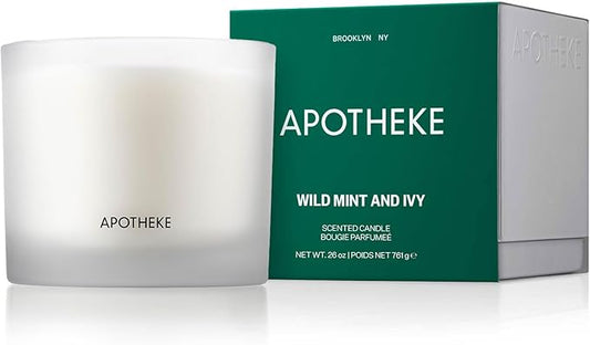 Apotheke 3-Wick Scented Candles for Home, Wild Mint & Ivy - 26 oz Long-Lasting Soy Wax Jar Candle, 120-140 Hours Burn Time - Notes of Cedarwood, Oakmoss, Patchouli, Hint of Wild Mint, Eucalyptus & Ivy