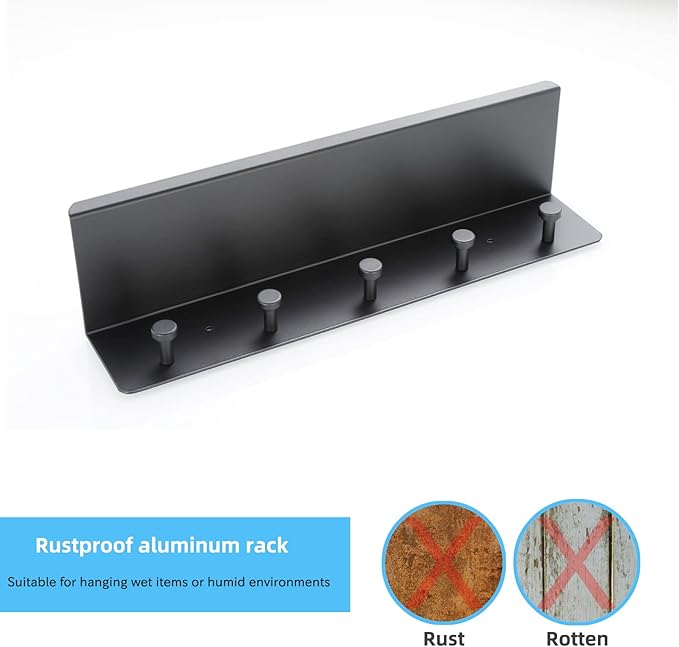 Bathroom Towel Rack Wall Mounted, Rustproof Aluminium Shelf with 5 Bath Robe Hook, Decor Display Storage, Hot Tub Accessories, Hanging Hanger for Hat, Key, Bag Holder, Bathtub