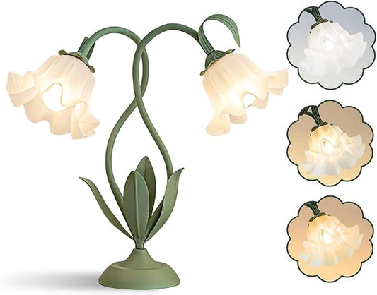Cute Flower Table Lamp, Bedside Vintage Flower Lamp with LED Bulb, 3 Colors Temperature Reading Light, Table Lamp for Bedroom Living Room Lighting Desk Lamps Home Decoration(Green)