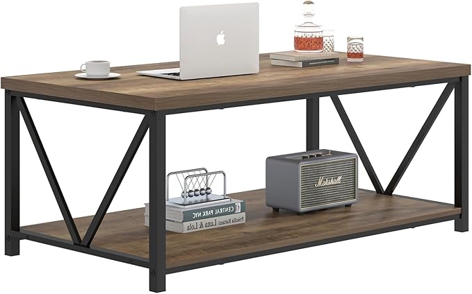 FOLUBAN Coffee Table with Storage Shelf, Modern Industrial Metal and Wood Living Room Table, Small Rectangle Cocktail Tea Table for Bedroom Home Office, Rustic Oak, 39.3 Inch