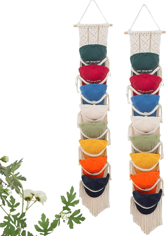Macrame Cap Holder, Boho Hats organizer for baseball Caps, Hat Rack for Wall Hanging Decoration, Cap Rack for collection Display, Handmade Cap Hanger Storage Organizer (2Pcs-Eight hats)
