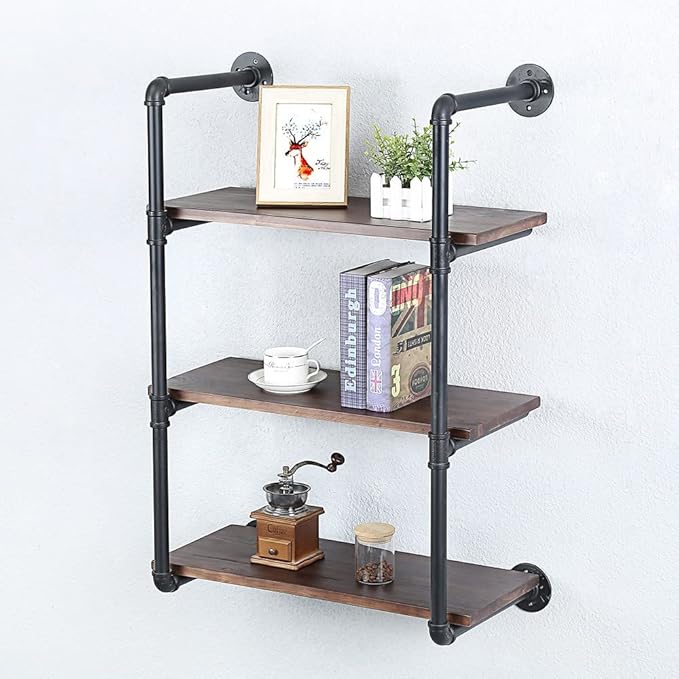 Industrial Pipe Shelving Wall Mounted,24in Rustic Metal Floating Shelves,Steampunk Real Wood Book Shelves,Wall Shelf Unit Bookshelf Hanging Wall Shelves,Farmhouse Kitchen Bar Shelving(3 Tier)