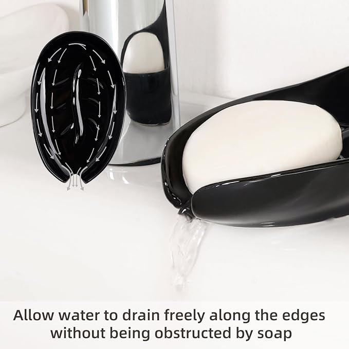 Soap Holder, Self Draining Soap Dish, Leaf Shape Ceramic Bar Soap Holder Drain Soap Dishes for Bathroom Sink Kitchen, Easy to Clean Keeps Soap Dry, Black, ANTIS'S HOME