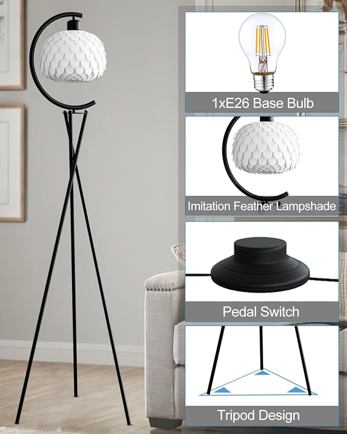 Modern Floor Lamp with Arc Imitation Feather Lampshade, Black Metal Standing Lamp with Bulb Included, Vintage Tall Reading Light for Living Room, Bedroom,Home Office
