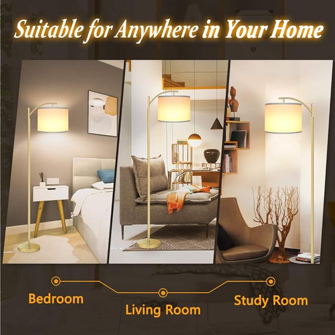 ROTTOGOON Floor Lamp for Living Room, LED Standing Lamp with White Lamp Shades Tall Industrial Floor Lamp Reading for Bedroom, Office, Study Room, 9W LED Bulb Included -Gold