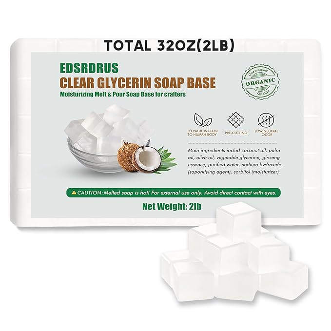 2LB Unscented Glycerin Soap Base DIY Handmade Soap Moisturizing Melt and Pour Soap Base for Crafting, Vegetable Glycerin & Coconut Oil, Easy to Cut (Transparent, 2LB)
