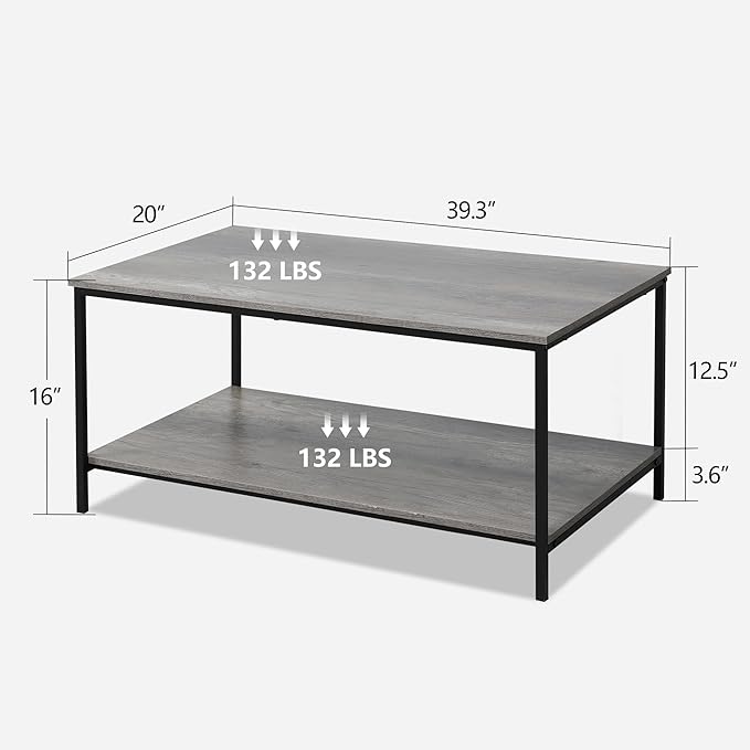 SENIG 2-Tier Coffee Table with Storage Shelf for Living Spaces, Grey Oak Rectangle Wood and Sturdy Metal Side End Table, Functional Center Table for Living Room, 39.3 x 20 x 16