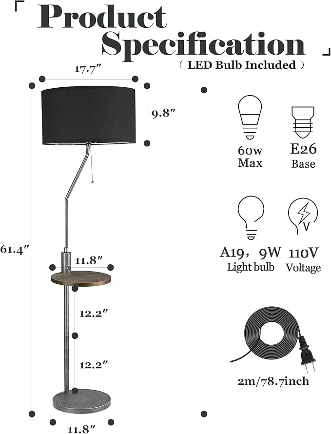 ELYONA C Shaped End Table Floor Lamp with USB A+C Charging Ports Wood Side Table Modern Reading Light Black Linen Shade Farmhouse Tall Standing Lamp for Living Room Bedroom Office LED Bulb Included