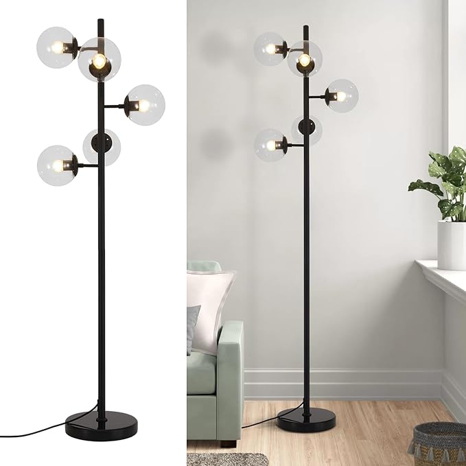 KCO Lighting 5 Light Globe Floor Lamp - Black Tall Mid Century Modern Contemporary Standing Lamp for Living Room, Bedrooms, Office