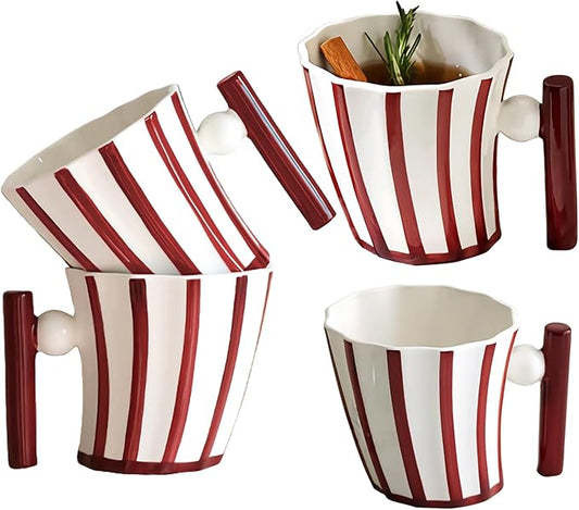 Coffee Mugs Set of 4, Christmas Handmade Aesthetic Coffee Mugs Tea Cups for Office and Home, Artsy Ceramic Coffee Mugs for Women Men, Red & White Mugs, 12 Oz