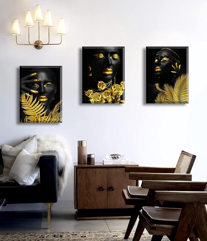 Elegant African American Black Girl Canvas Wall Art - 3Pcs Framed Black & Gold Women Pictures for Living Room, Bathroom & Bedroom Decor - Gold Tropical Botanical Prints for Home Decoration