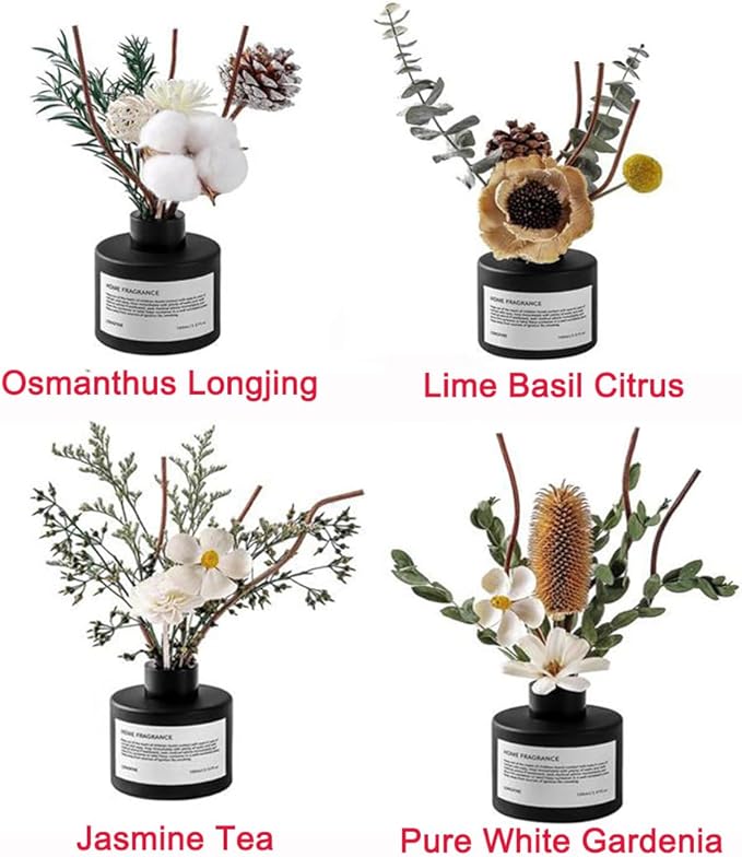 Reed Diffuser Set with Dried Flowers, 3.38fl.oz Fragrance Diffuser with Sticks, Scented Sticks Aroma Diffuser, Home & Office Décor for Air Fresheners, Bathroom (Jasmine Tea)