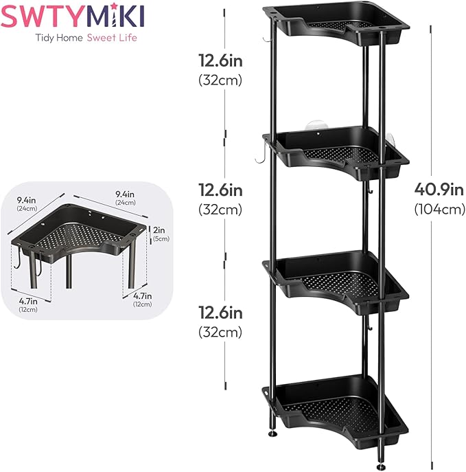 SWTYMIKI Corner Shower Caddy Standing - 4 Tier Floor Standing Shower Organizer with 4 Hooks, Plastic & Stainless Steel Waterproof Corner Stand Shower Shelf Storage Rack for Bathroom, Bathtub, Black