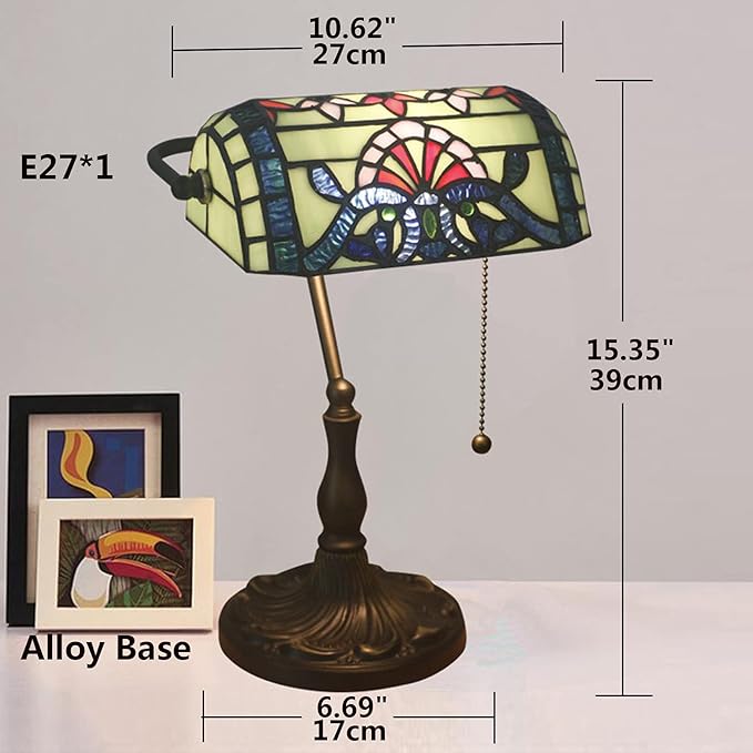 Tiffany Style Bankers Table Lamp Stained Glass Piano Desk Lamp Vintage Bedroom Bedside Lamp for Study,Antique Alloy Base,Zipper Switch,Green Baroque b