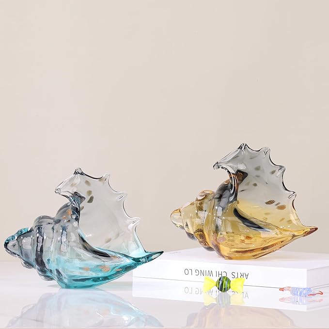 DOVDOV Hand Blown Glass Conch Statues, Gray and Amber Glass Art Figurines, Conch Shells for Coastal Home Decor, Living Room TV Stand and Bookcase Decor, Bathroom Shelf Tops and Cabinet Decor.