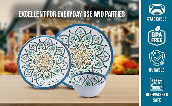 Melamine Dinnerware Sets, Service for 4. Unbreakable Dishes. Scratch Resistant Melamine Ware. Plates and Bowls. Dishwasher Safe Platos De Melamina Mosaic Design. Beautifully Packaged Gift Box