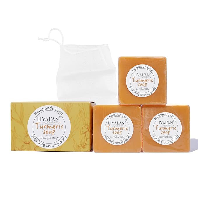 LIYALAN Turmeric Soap Bar 3.88 oz each Bar for Face Body Acne,Smooth Skin,Cleansing Natural Handmade Soap contains 3 bars