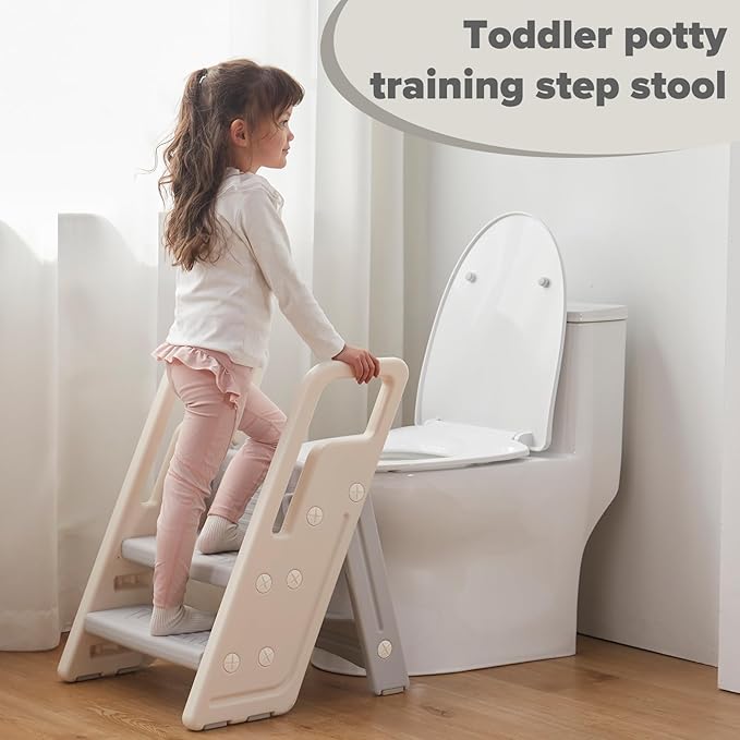 Folding Toddler Step Stool for Bathroom Sink,Adjustable 3 to 2 Step Stools for Toilet Potty Training,Sturdy Kids Step Stool for Kitchen Counter with Handle,Dark Grey