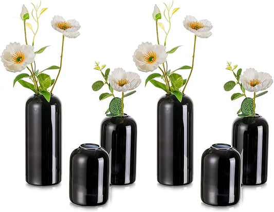 Black Glass Bud Vases for Flowers - Hewory Set of 6 Blown Modern Small Glass Vases for Centerpieces, Mini Bulk Flower Vase for Wedding Party Events Home Decor Floral Arrangements (Not Include Flower)