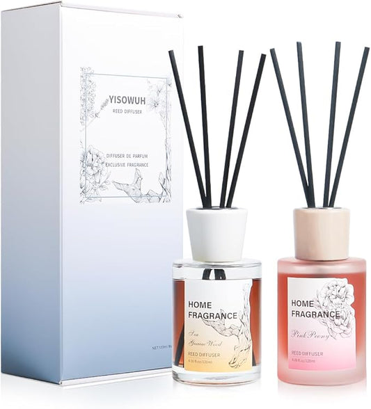 Reed Diffuser - Sea Guaiac Wood&Pink Peony 4.06oz (120ml) 2 Packs Essential Oil Reed Diffuser Set with 16 Sticks, Long Lasting Fragrance for Home, Bathroom, Bedroom, Room, Decor