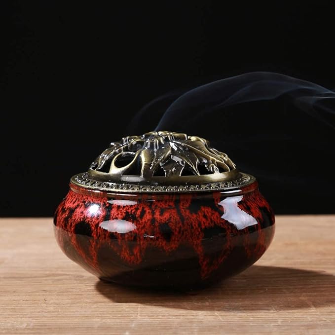 Ceramic Incense Burner with Incense Stick Holder + Insulation use for Stick or Coil Incense, Sage Cones and Frankincense (Fambe Red)