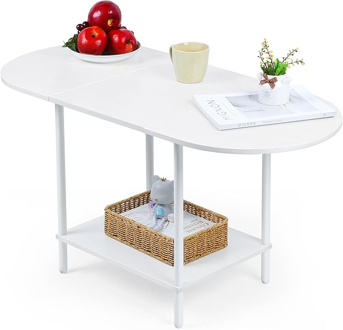 White Coffee Tables for Living Room,2-Tier Small Coffee Table Industrial Modern Oval Center Table with Storage Shelf and Wood Tabletop,for Small Space,Home Office