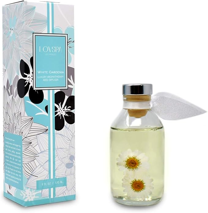LOVSPA White Gardenia Scented Reed Diffuser Set - Floral Reed Diffusers for Home - Non-Toxic Oil Reed Diffuser - Made in The USA