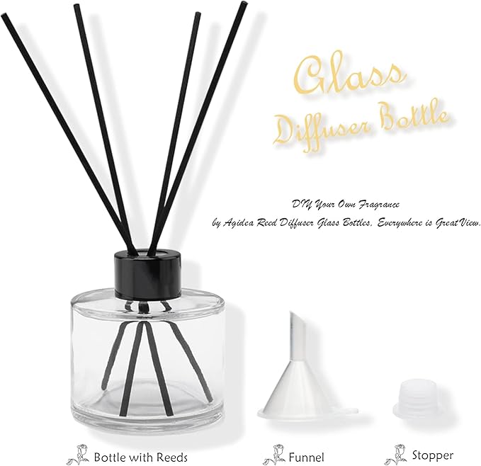 4PCS Fragrance Glass Diffuser Bottles, Refillable Diffuser Bottles with 20pcs Reeds Sticks & Black Caps & Funnel, Diffuser Jars for Home Oil Fragrance Decoration Girl Women Gift (150ML)