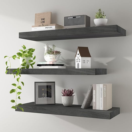 Floating Shelves 24 Inch Wall Shelf Solid Wood Mounted Storage for Bedroom Living Room Set of 3, Rustic Grey Wall Shelves