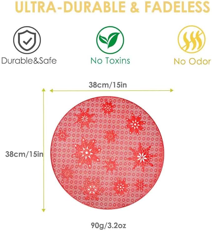 GIVERARE Placemats Set of 4, Round Heat-Resistant Vinyl Placemat, 15 inch Non-Slip Washable PVC Table Mat, Easy to Clean Premium Plastic Mats for Dining, Kitchen Table (Red Snow)