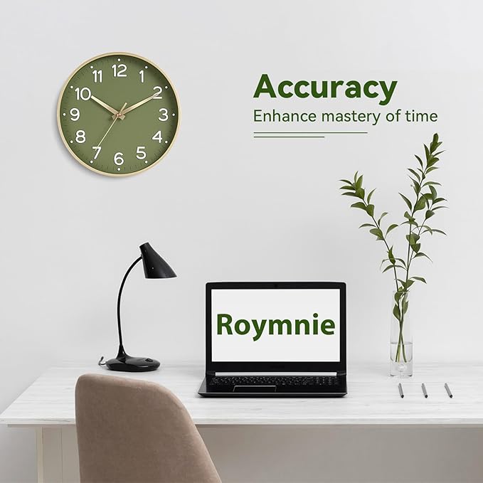 Wall Clock Green, Silent Wall Clocks Battery Operated 8 Inch-Modern Non Ticking Analog Clock Decorative for Kitchen Office Bathroom Bedroom(Gold)