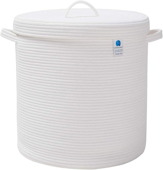 16" x 16" x 18" Extra Large Storage Basket with Lid, Cotton Rope Storage Baskets, Laundry Hamper, Cloth Bin, for Clothes Towels Blankets Pillows Storage in Living Room, Full White Basket with Cover