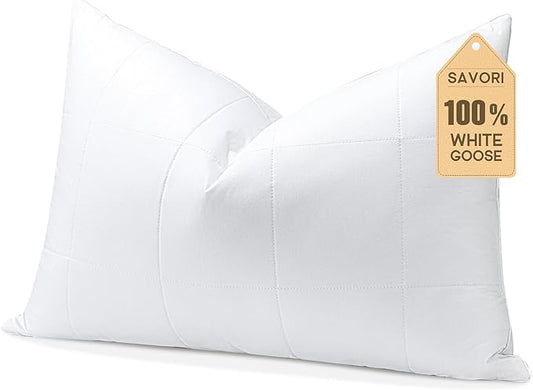 SAVORI Goose Down Feather Pillows with 100% Cotton Cover, Soft Hotel Bed Pillow for Sleeping, Cooling Pillow for Back, Stomach or Side Sleepers, King Size-White 20x36 Inch