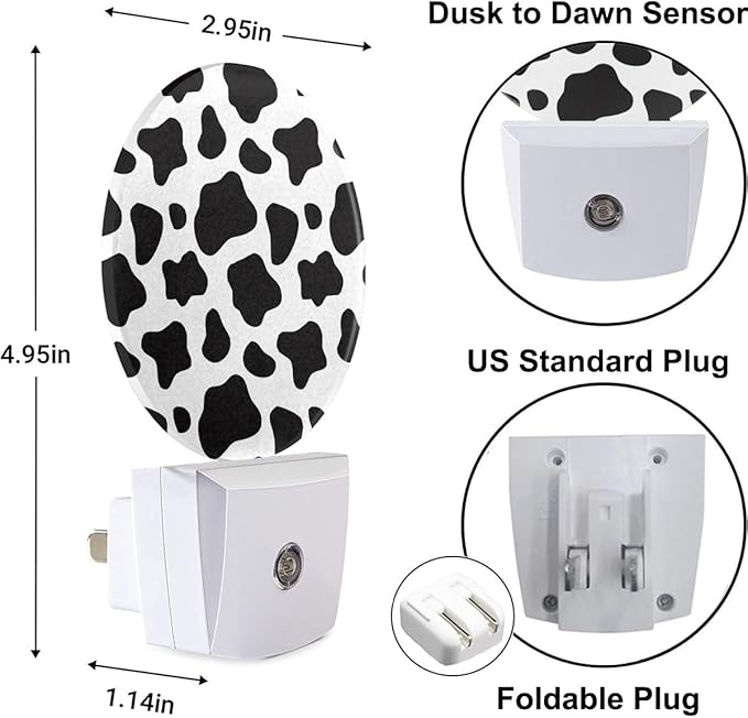 Cow Print Night Lights Plug into Wall Black White Dots Animal Skin Farmhouse Night Lamp Auto on/Off Dim Light Sleep Friendly for Family Friends Holiday Gifts & Home Decor