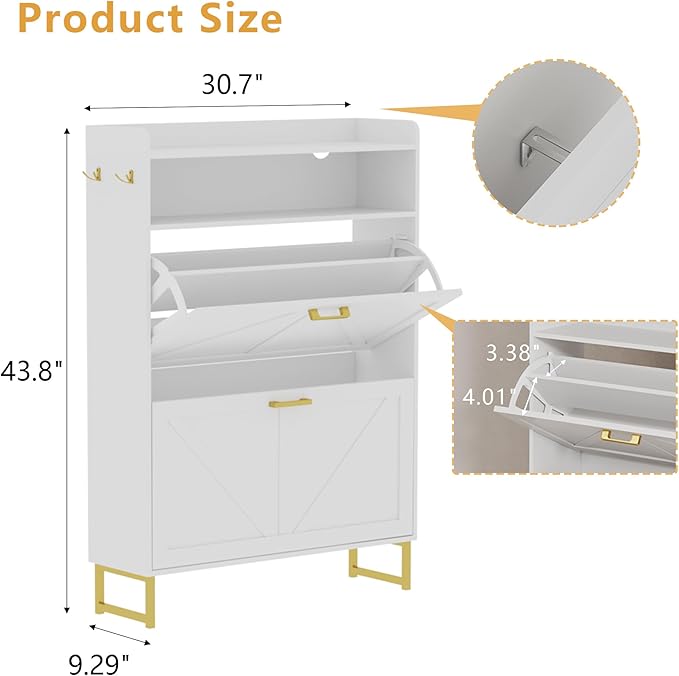 Shoe Cabinet with 2 Flip Drawers, Freestanding Hidden Shoe Storage Organizer for Entryway, Narrow Slim Shoe Rack Cabinet with Open Storage & Hooks for Front Door Entrance, Living Room, Hallway, White
