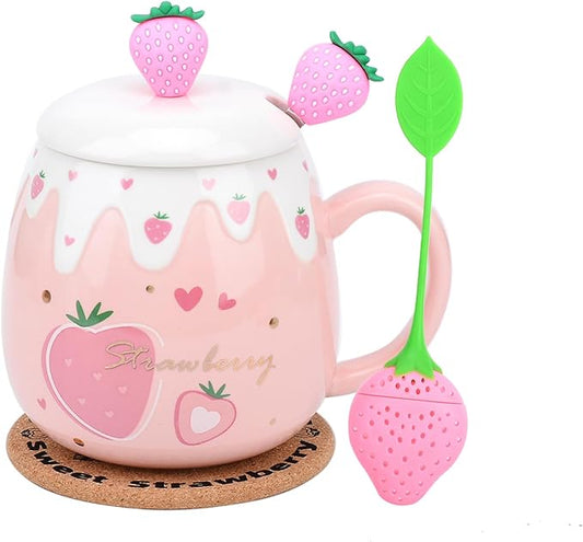 Pink Mug, Cute Strawberry Cup with Cover Spoon, Ceramic Cute Coffee Mugs with strainer, Kawaii Cup for Tea Milk, Gift for Women Girls Student Korean Style 450ML Christmas Birthday