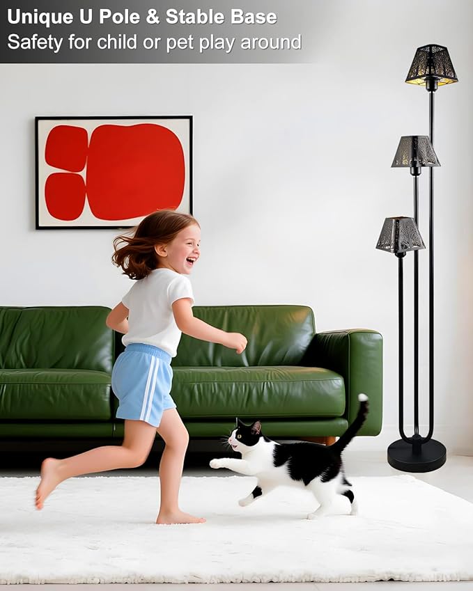63IN Black Floor Lamp, Unique 3 Poles Tall Standing Lamps with Metal Shade, 3000K Warmwhite Mid Century Modern Floor Lamp for Living Room Home Office(Bulbs Included)